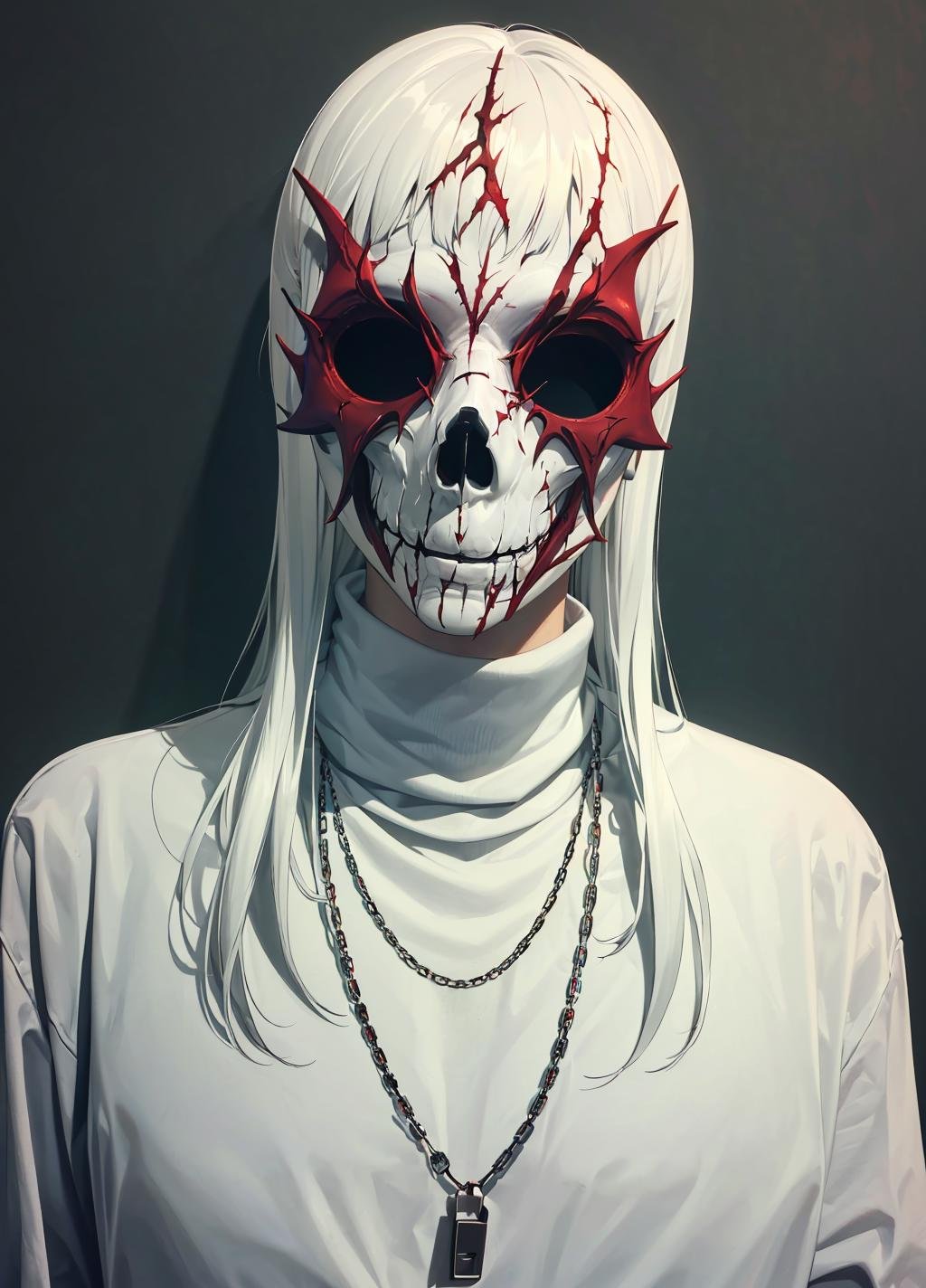 horror (theme), ((full_mask, covered mouth, no human, covered eyes, chain, scar, skull, realistic, bald, stitches, what)), long hair, white hair, turtleneck, ((upper body)), <lora:full_mask-05:0.8>