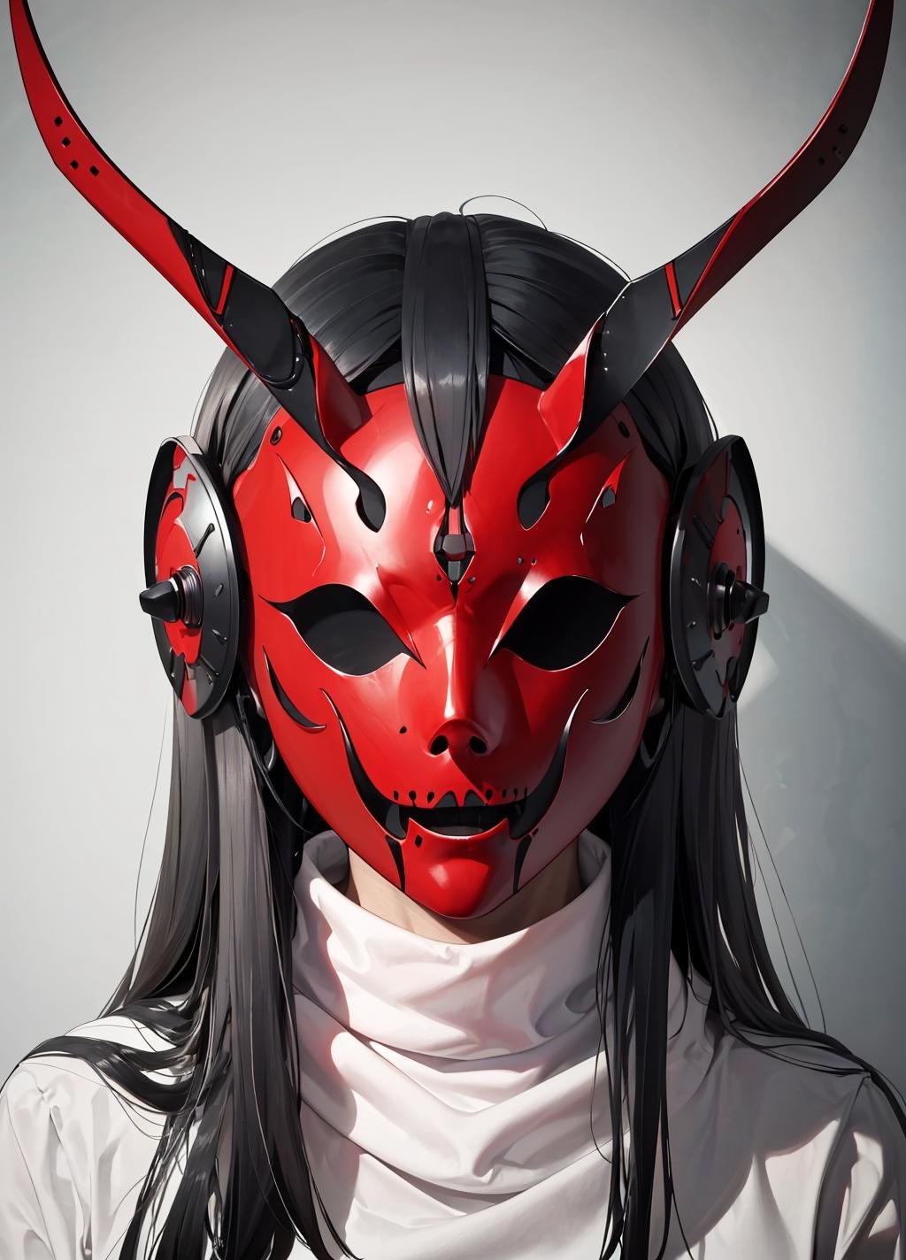 horror (theme), ((full_mask, covered mouth, no human, covered eyes, winged helmet, colored skin, red skin)), long hair, white hair, turtleneck, ((upper body)), <lora:full_mask-05:0.8>