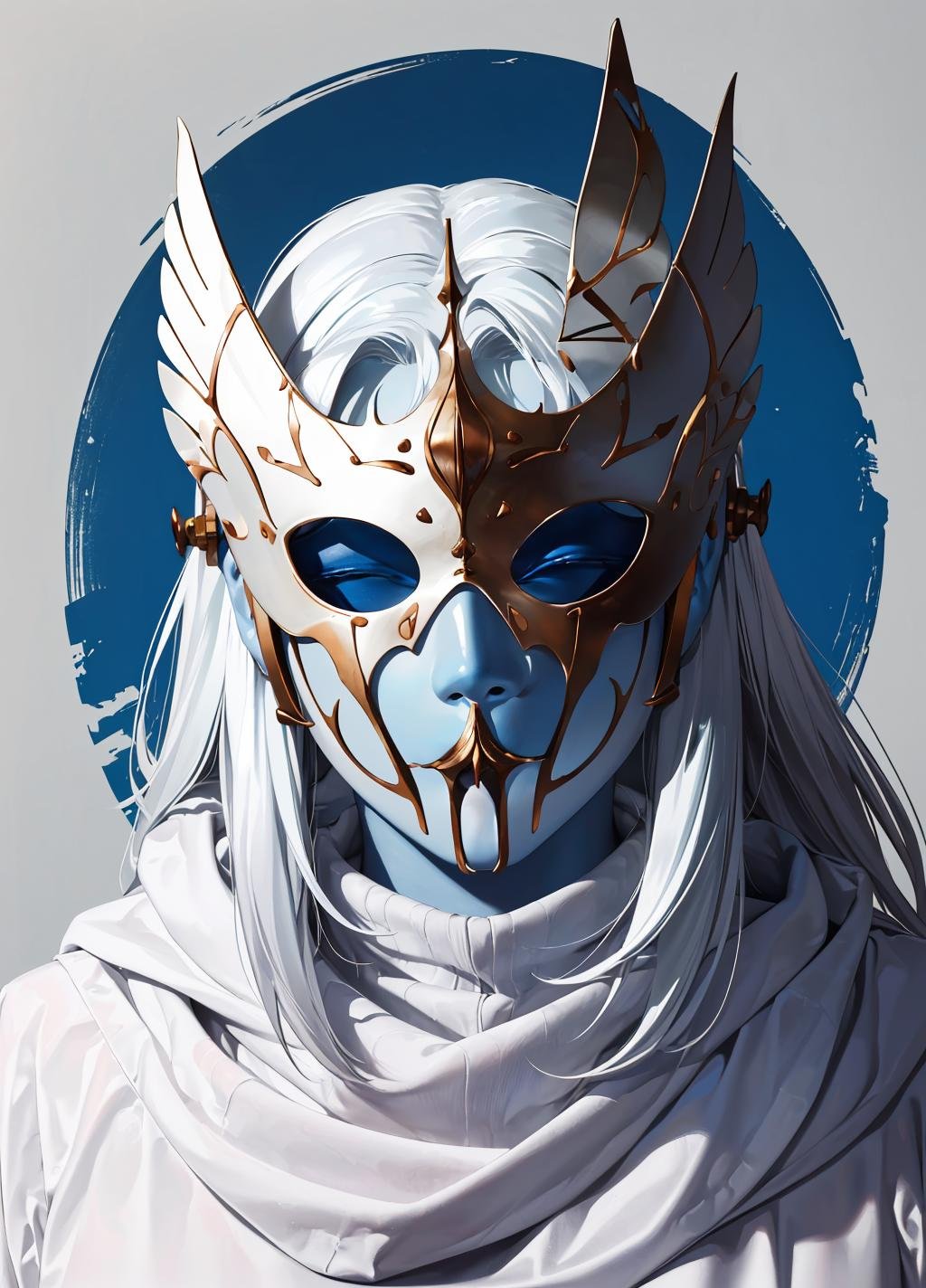 horror (theme), ((full_mask, covered mouth, no human, covered eyes, winged helmet, colored skin, blue skin)), long hair, white hair, turtleneck, ((upper body)), <lora:full_mask-05:0.8>