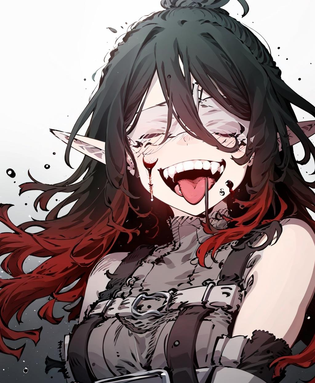 <lora:Lucia-v1:1>, lucia, smile, open mouth, hair between eyes, upper body, teeth, fangs, bound, facing viewer, harness, tongue out, saliva, blood, scar