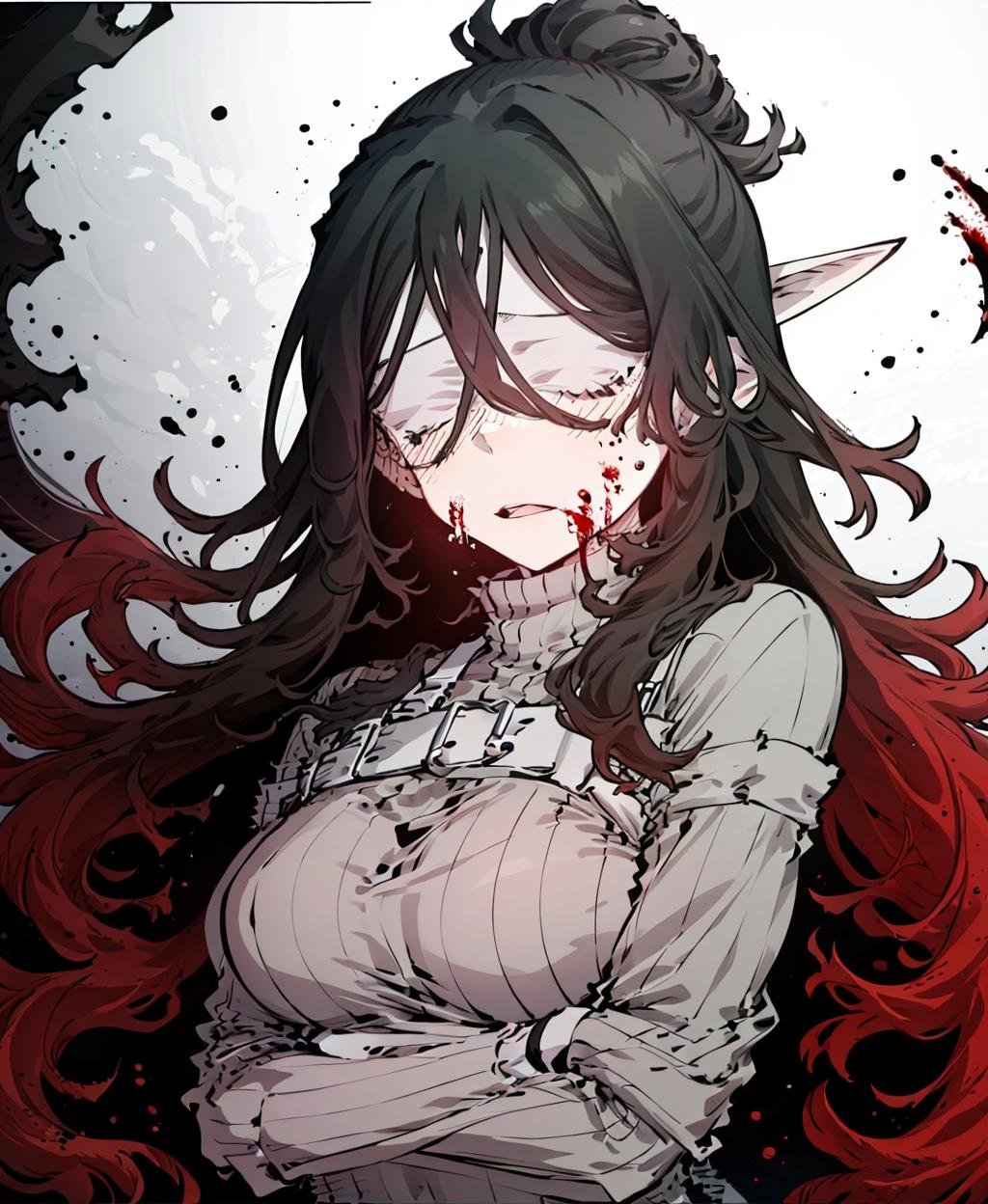 <lora:Lucia-v1:1>, lucia, large breasts, hair between eyes, closed mouth, upper body, sweater, blood, bound, black background, blood on face 