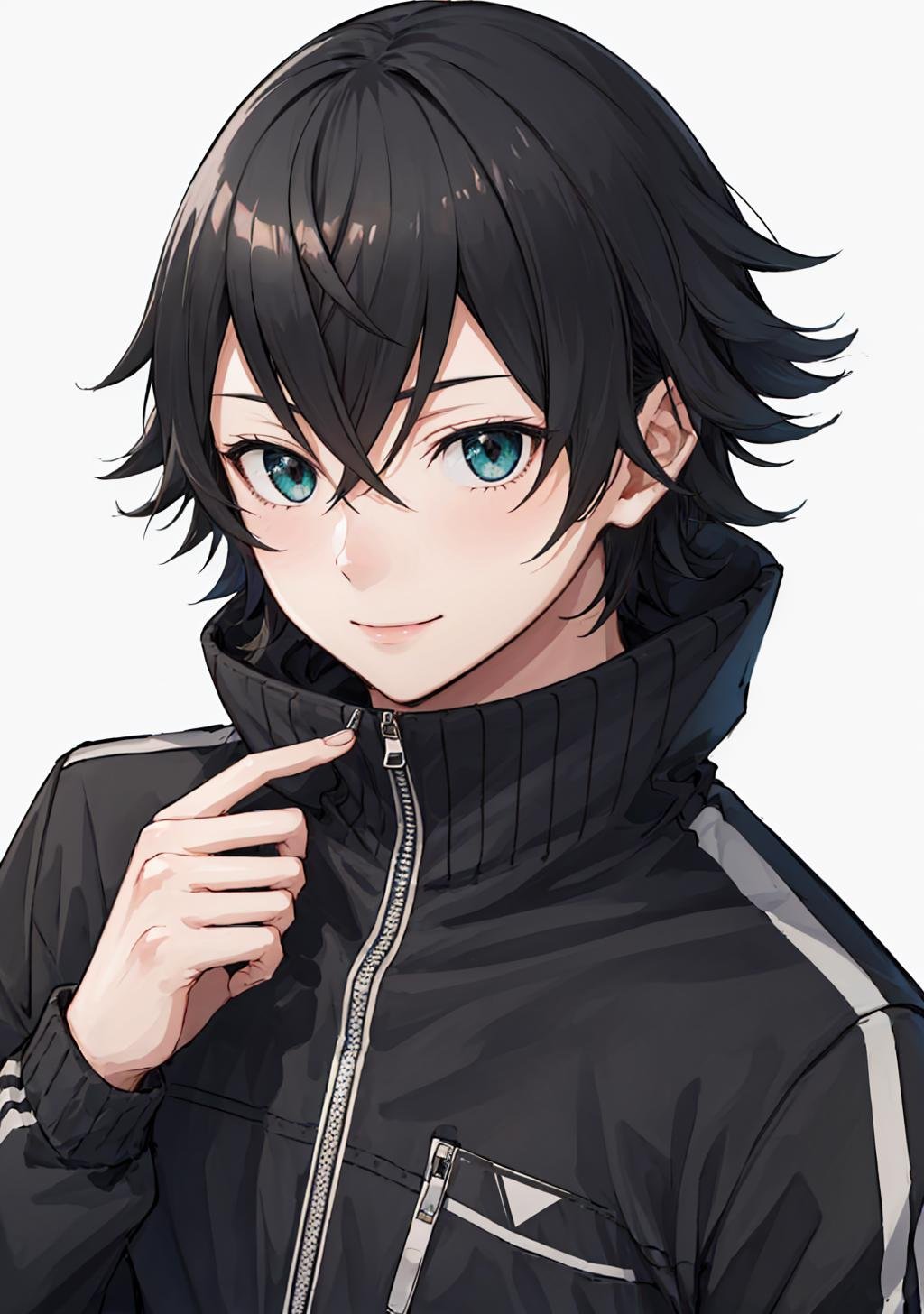 suishinshi, smile, simple background, black hair, long sleeves, white background, ((closed mouth)), jacket, black jacket, zipper, track jacket, solo, <lora:Suishinshi-10:1>