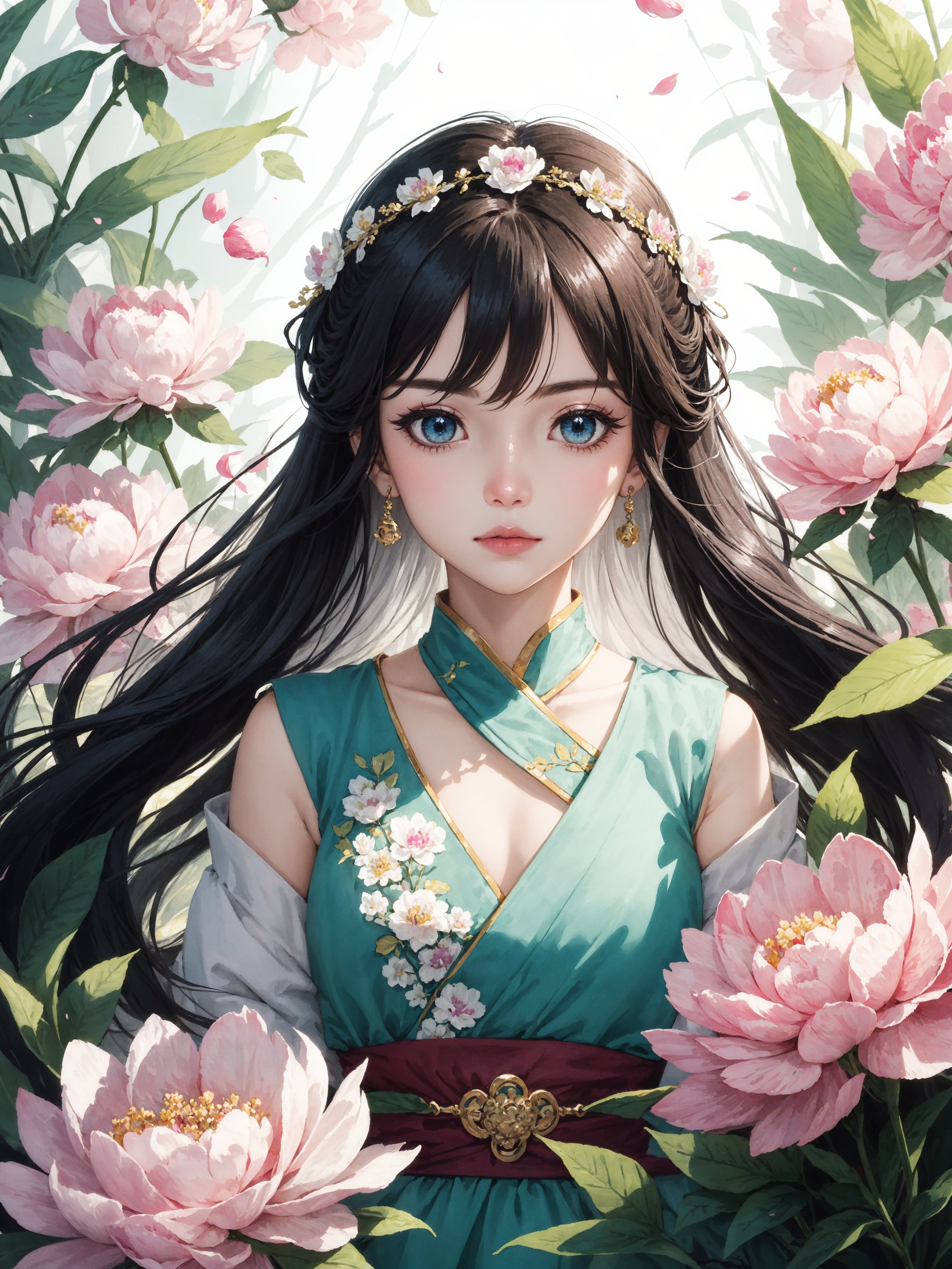 Light green peony flowers,  exquisite composition,  clear focus,  delicate light and shadow,  Studio Ghibli style green flame,  ancient clothing,  Tang Dynasty clothing,  red peony flowers,  highest picture quality,  masterpiece,  exquisite CG,  crystal,  peony flower personification,  exquisite and beautiful face,  cold expression,  noble and elegant,  beautiful eyes,  watercolor,  splashing ink,  blue crystal eyes,  long hair,  ancient coiled hair,  black hair,  exquisite and complex peony hair accessories,  Broken glass,  crystal minerals,  colorful peonies,  colorful petals,  highlights,  withering and falling petals,  the picture is rich and beautiful,  charming,  perfect,  dreamy decoration,  deep in the jungle,  ultra clear,  high-definition,  8k,  peony girl,  solo,  detailed lightning,  detailed lightning,  splashing ink,  crystal clear. Using 2.2D illustration