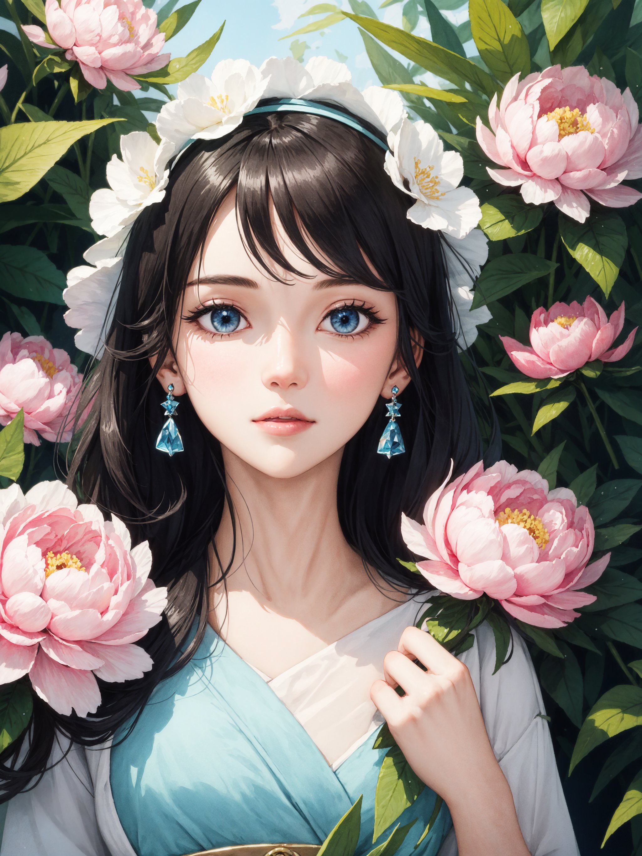 Light green peony flowers,  exquisite composition,  clear focus,  delicate light and shadow,  Studio Ghibli style green flame,  ancient clothing,  Tang Dynasty clothing,  red peony flowers,  highest picture quality,  masterpiece,  exquisite CG,  crystal,  peony flower personification,  exquisite and beautiful face,  cold expression,  noble and elegant,  beautiful eyes,  watercolor,  splashing ink,  blue crystal eyes,  long hair,  ancient coiled hair,  black hair,  exquisite and complex peony hair accessories,  Broken glass,  crystal minerals,  colorful peonies,  colorful petals,  highlights,  withering and falling petals,  the picture is rich and beautiful,  charming,  perfect,  dreamy decoration,  deep in the jungle,  ultra clear,  high-definition,  8k,  peony girl,  solo,  detailed lightning,  detailed lightning,  splashing ink,  crystal clear. Using 2.2D illustration