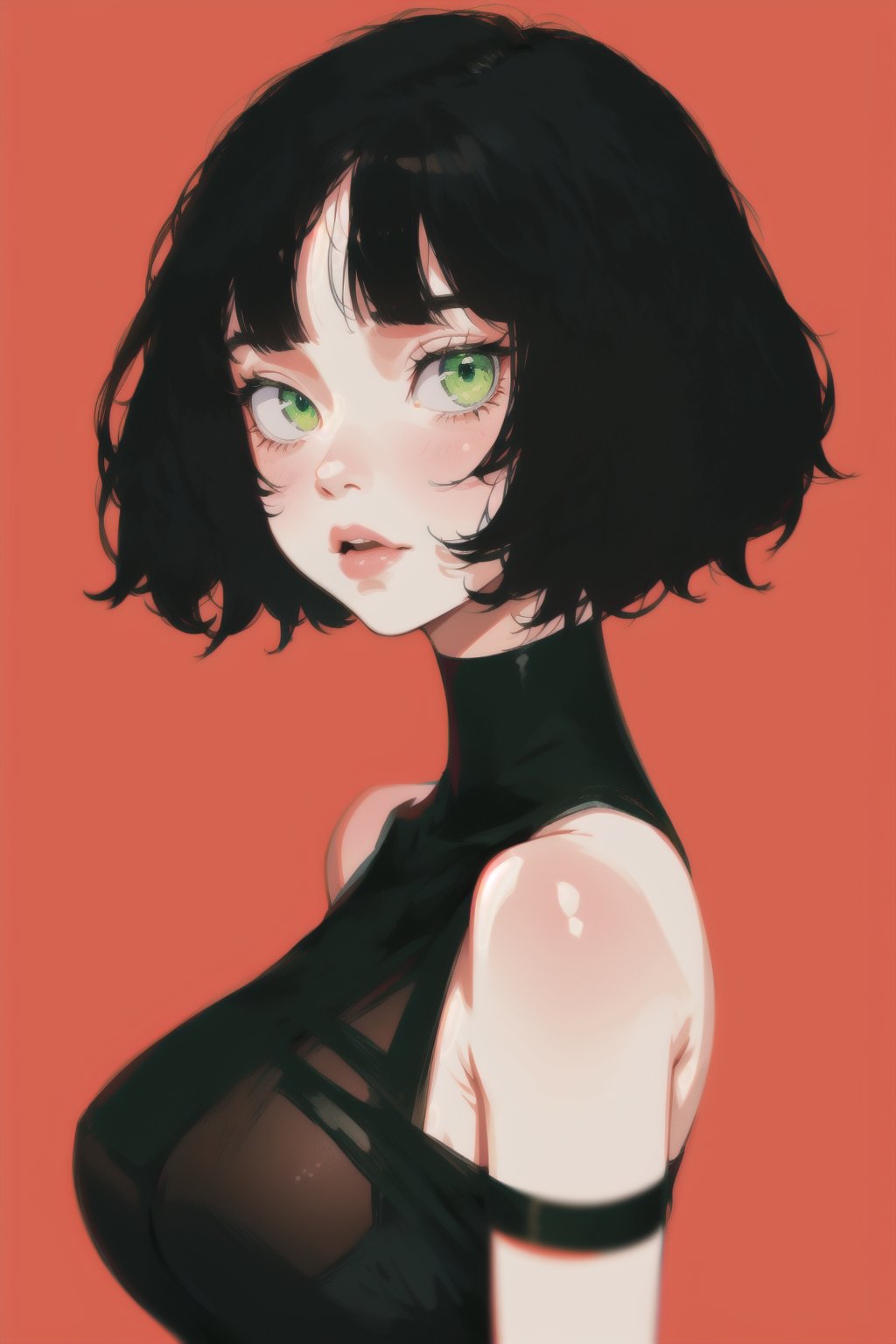 1girl,  short hair,  upper body,  detailed face,  simple background,  green eyes,  large breasts,  bare shoulders,  black-hair, <lora:Flater:0.75>