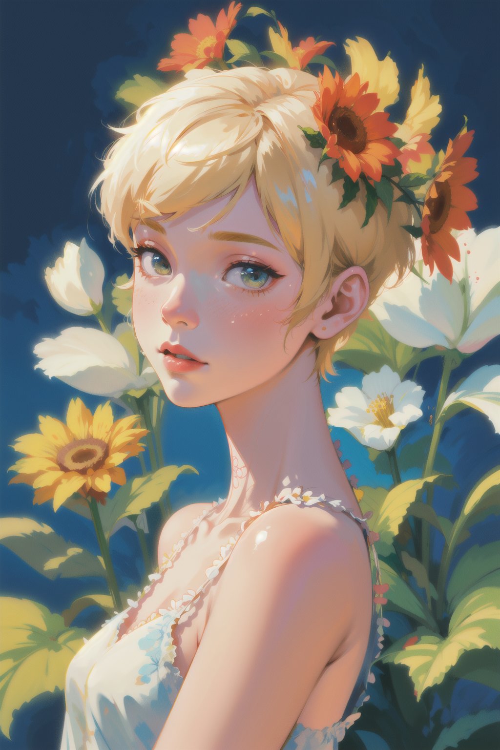 a woman with simple dress, short hair, blonde, global illumination, a photorealistic water painting, in the middle of flowers, long flowers, simple background, subsurface scattering, simple dress, (simple artwork:1.2), simple, (water color:1.2)