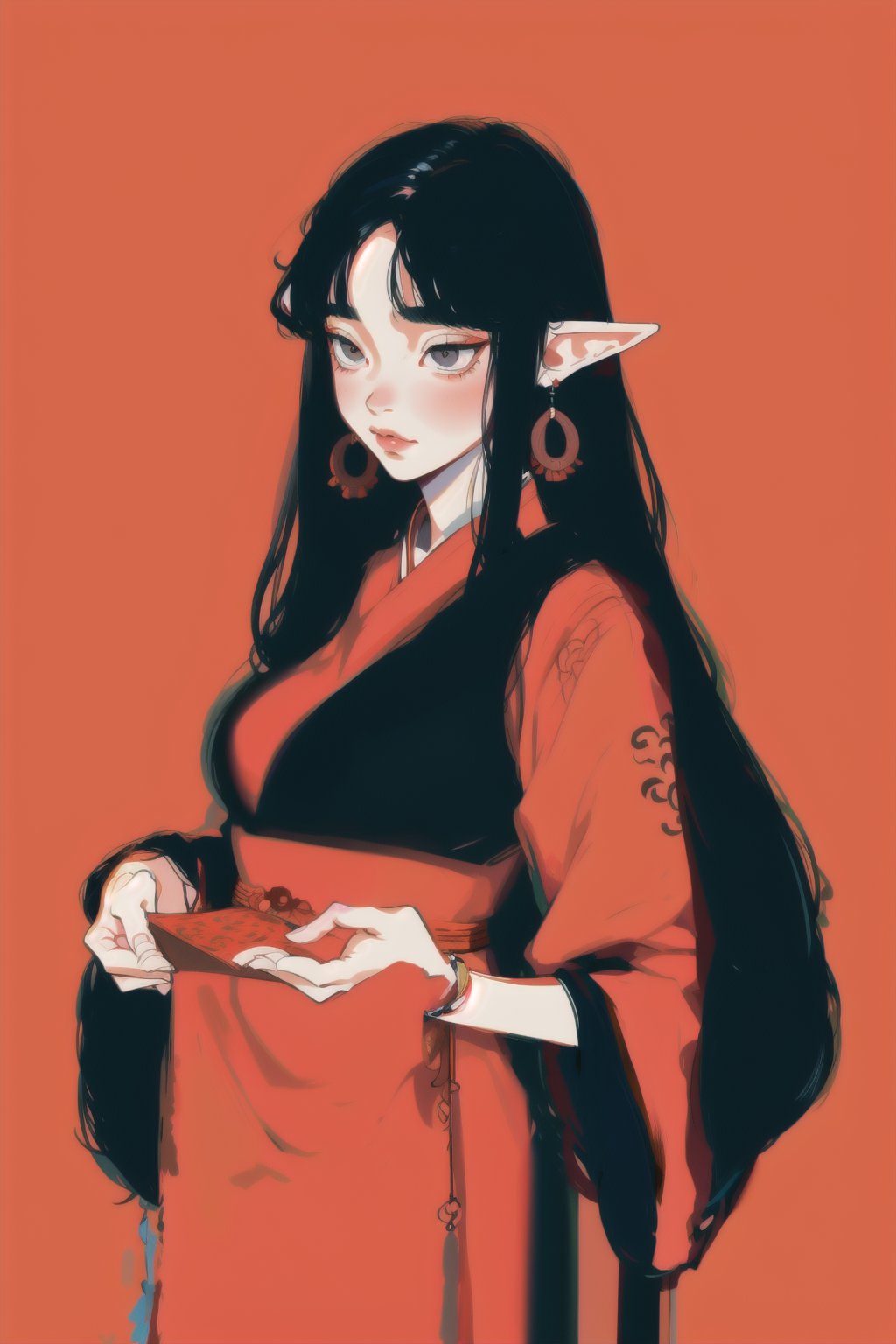 Elf with long black hair, black eyes, wearing a red chinese dress, fold earrings, traditional, medium breast, solo, simple background,<lora:Flat_Art_Style_v2:0.400000>,<lora:Flater:0.400000> <lora:Flater:0.4> <lora:anime_v2-02:0.4>