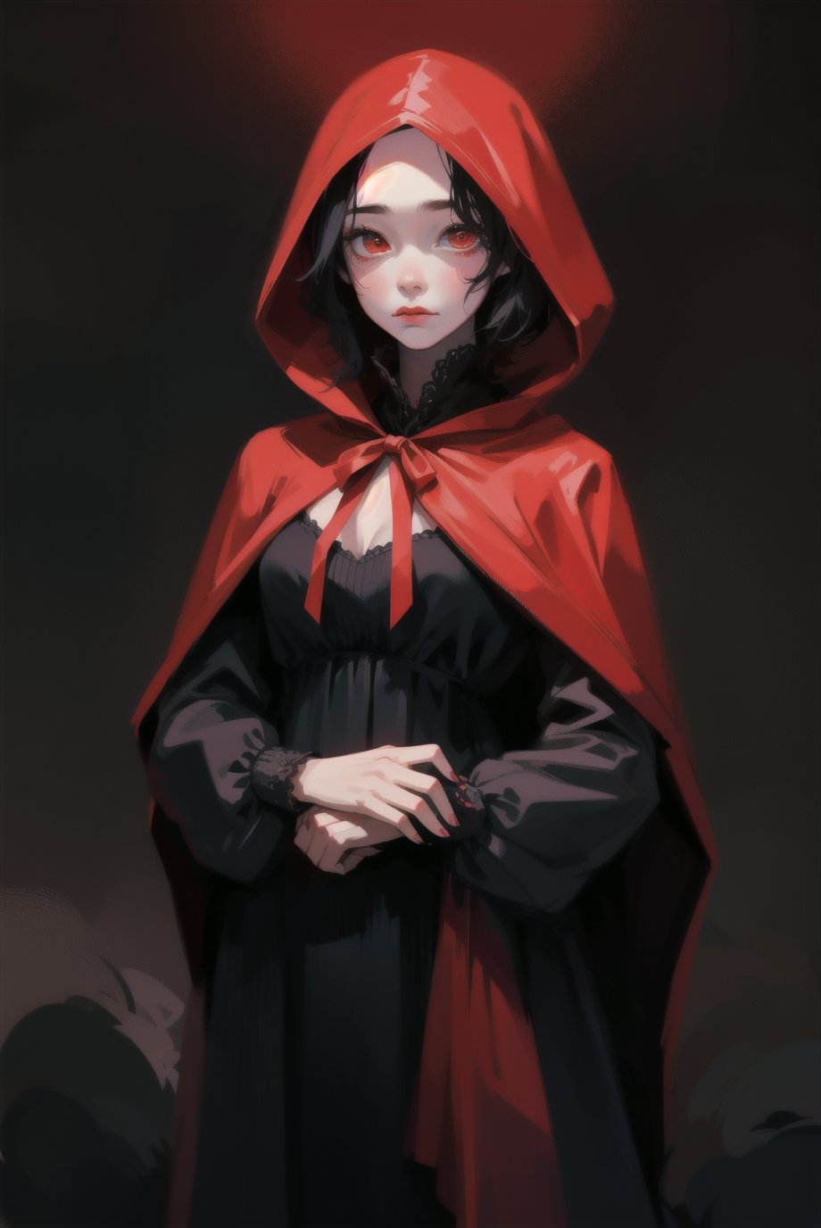 (dark magic, grimdark, creepy tale:1.15), wolf and 20 yo woman, red clothes, red hood, colorful, dark background