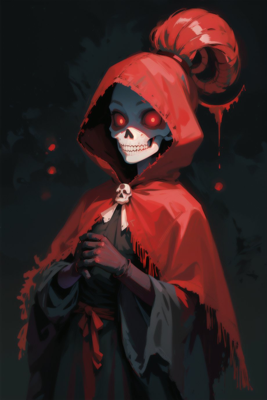 (dark magic, grimdark, creepy tale:1.15), skull, 20 yo woman, red clothes, red hood, colorful, dark background