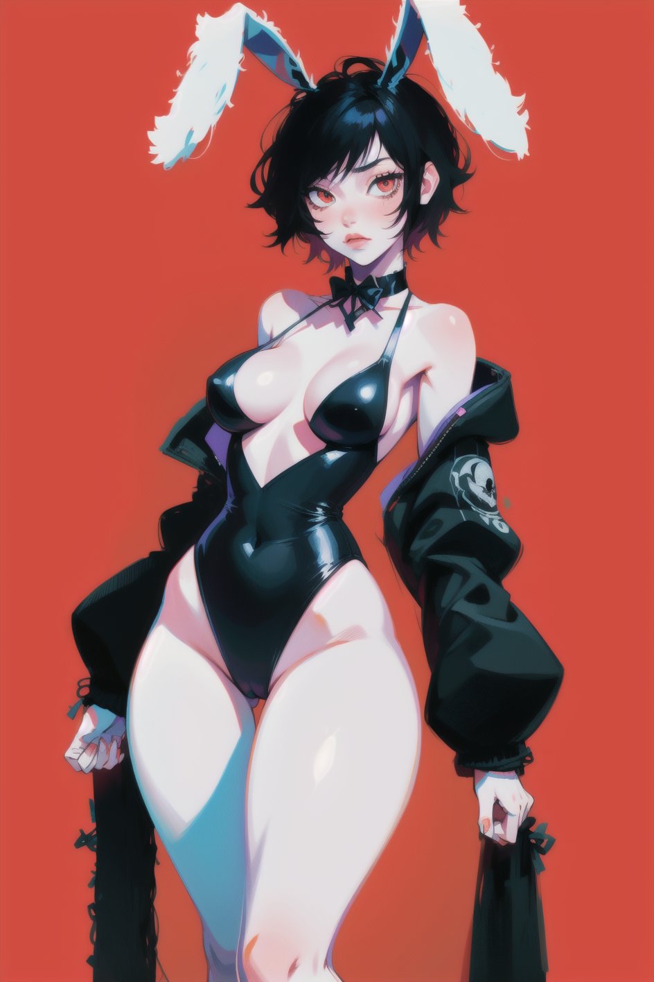 best quality, masterpiece, high definition, high resolution, 1girl, one-piece swimsuit, (wide hips:1.2), (bunny ears:1.2), simple red background, detailed face, (muscular female:0.8), cross, goth, emo, death_note, <lora:Flater:0.75>
