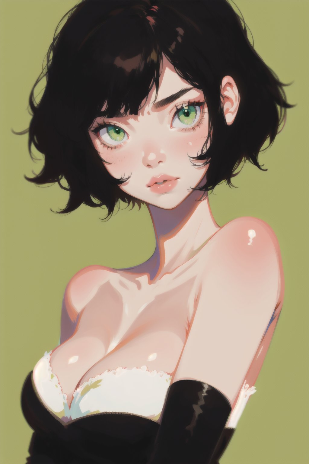 1girl,  short hair,  upper body,  detailed face,  simple background,  green eyes,  large breasts,  bare shoulders,  black-hair, <lora:Flater:0.75>