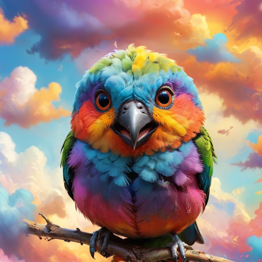 colorful,  colorchaos,  colorart,  portrait, a little lovebird surrounded by colorful clouds, smiling