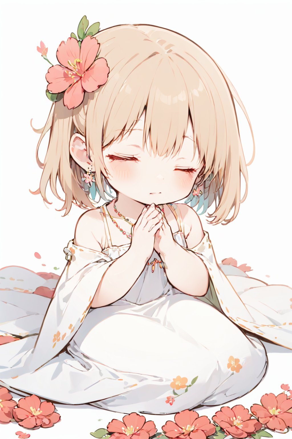  loli, white background,,cf,1girl,jewelry,closed eyes,solo,flower,earrings,sitting,necklace,own hands together,flower,praying,skin,dress,facing viewer,小心思