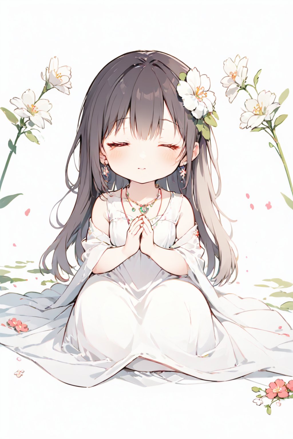  loli, white background,,cf,1girl,jewelry,closed eyes,solo,flower,earrings,sitting,necklace,own hands together,flower,praying,skin,dress,facing viewer,小心思