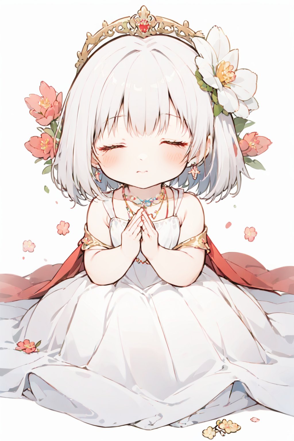  loli, white background,,cf,1girl,jewelry,closed eyes,solo,flower,earrings,sitting,necklace,own hands together,flower,praying,skin,dress,facing viewer,小心思