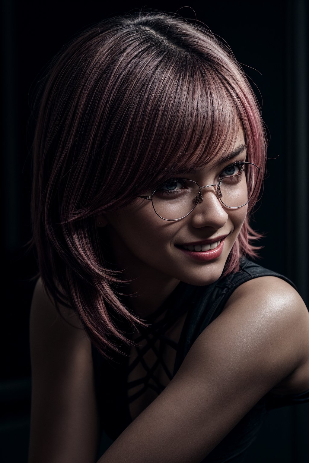 (Realistic),masterpiece,best quality,cinematic lighting,natural shadow,looking at viewer,Worm's Eye View,edgCorset,1girl,photo of a cute girl,full body,light smile,charming,20yo,glasses,Side-swept bangs Hair.Hair between eyes,Hot pink hair,Lace-up,Inlay,Raw photo,8k,uhd,dslr,soft,lighting,high quality,film grain,hyperrealismus,hyperrealistic,Atmospheric,Realistic Skin Texture,realistic hair details,ultra quality,best quality,Hyper Realism,