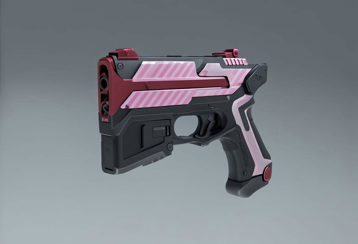 3D, pistol, red and pink stripes, metal body and black grip