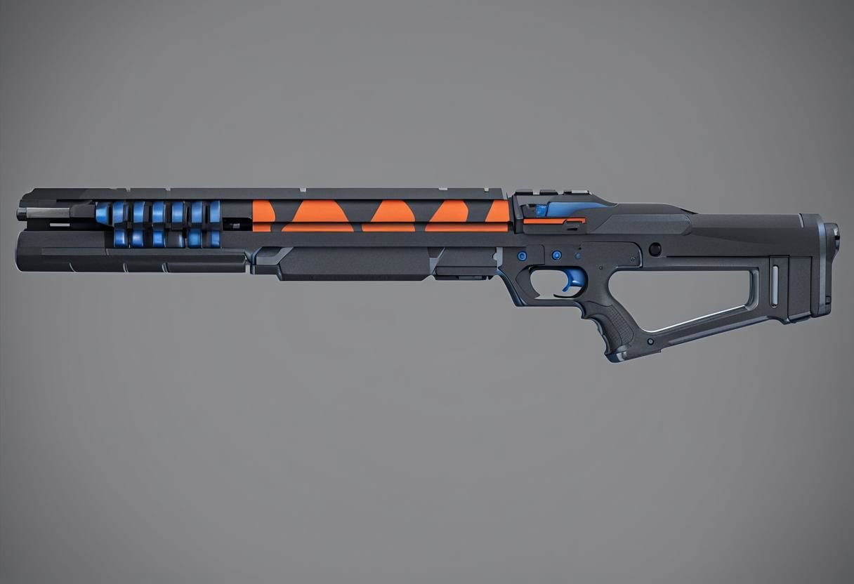 3D, heavy shotgun, orange stripes on it, black body and blue grip