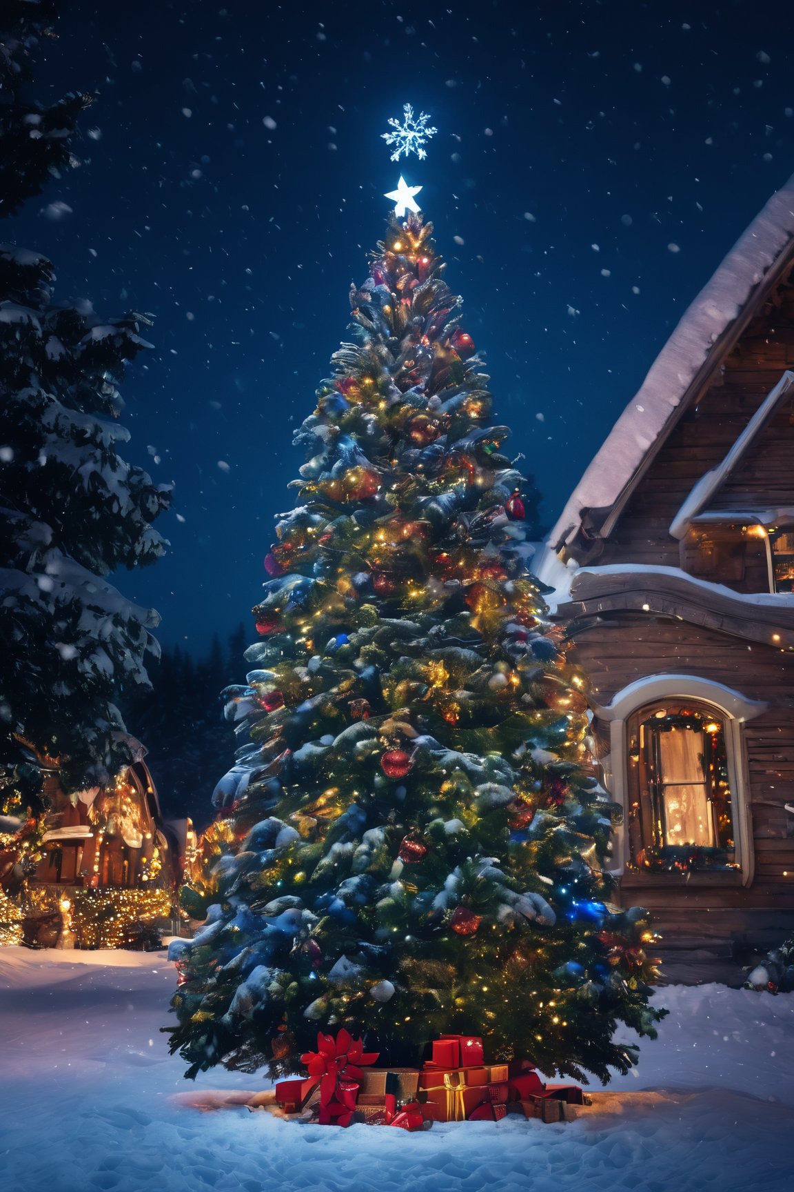 (Good quality:2), (Photoreal Cinematic Colors :2), Hyper Detailed, 4k, realistic,christmas, tree Decorated, night, outside, snow