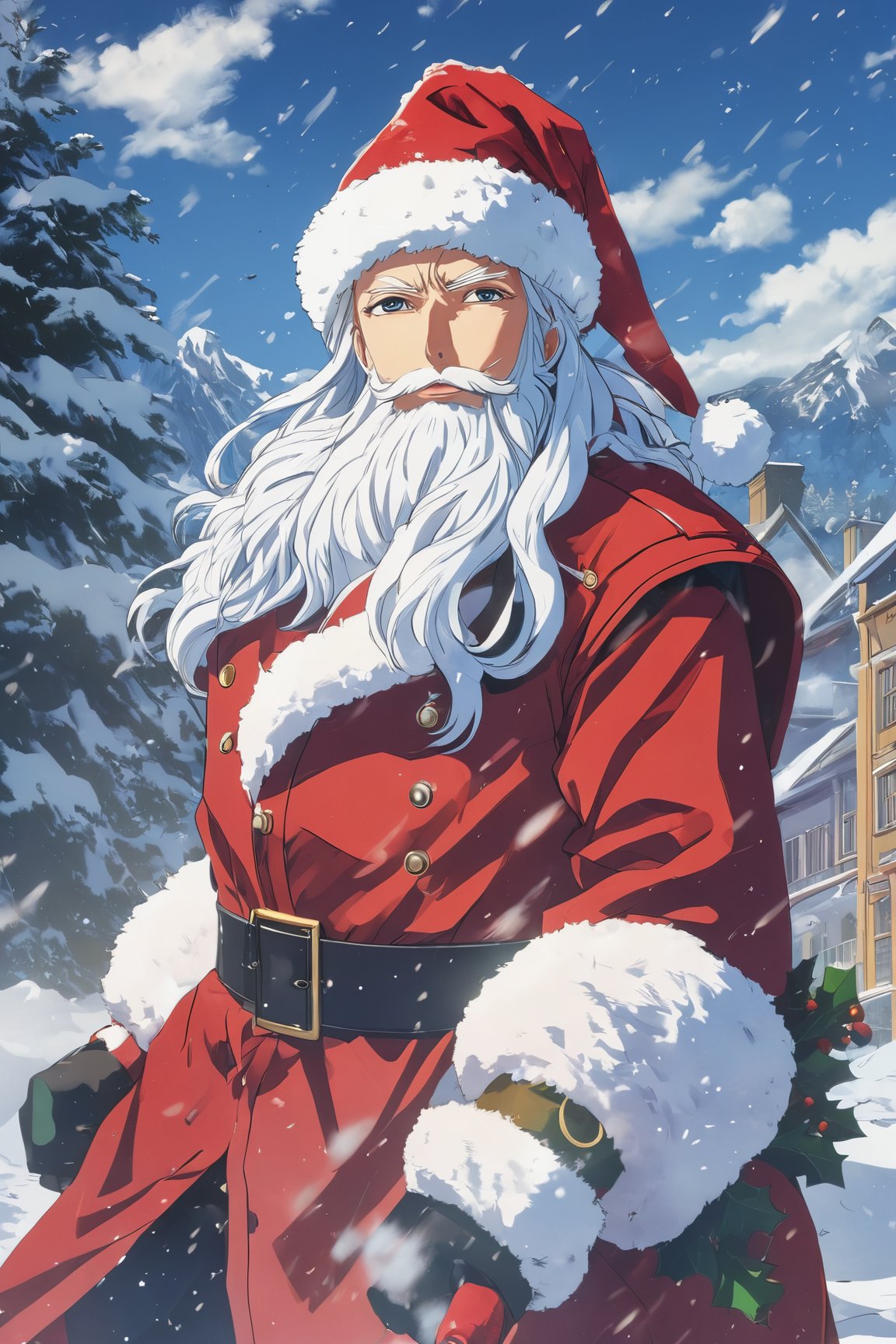 (Good anime quality:2), (Flat anime Colors :2), Hyper Detailed, 4k, Anime ,christmas, day, outside, snow, storm, santa Clasue half body shot