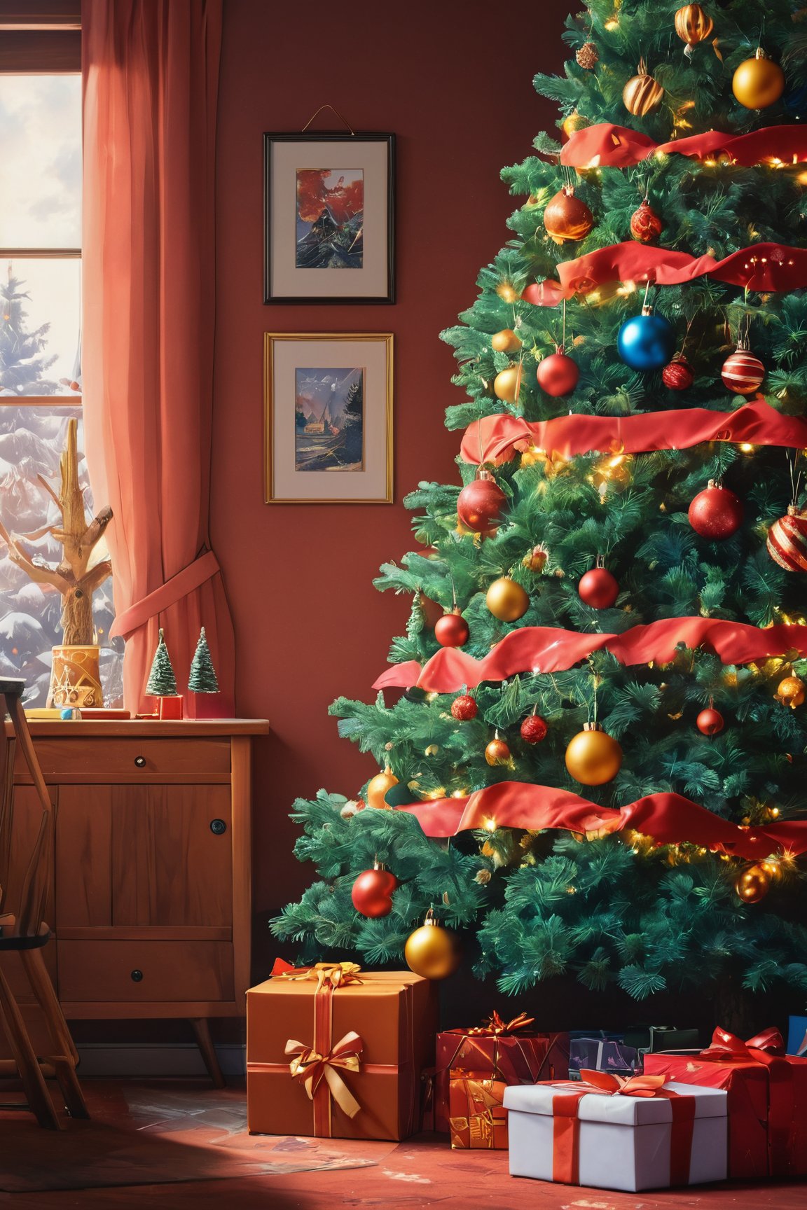 (Good anime quality:2), (Flat anime Colors :2), Hyper Detailed, 4k, Anime ,christmas, day, outside, Decorated tree