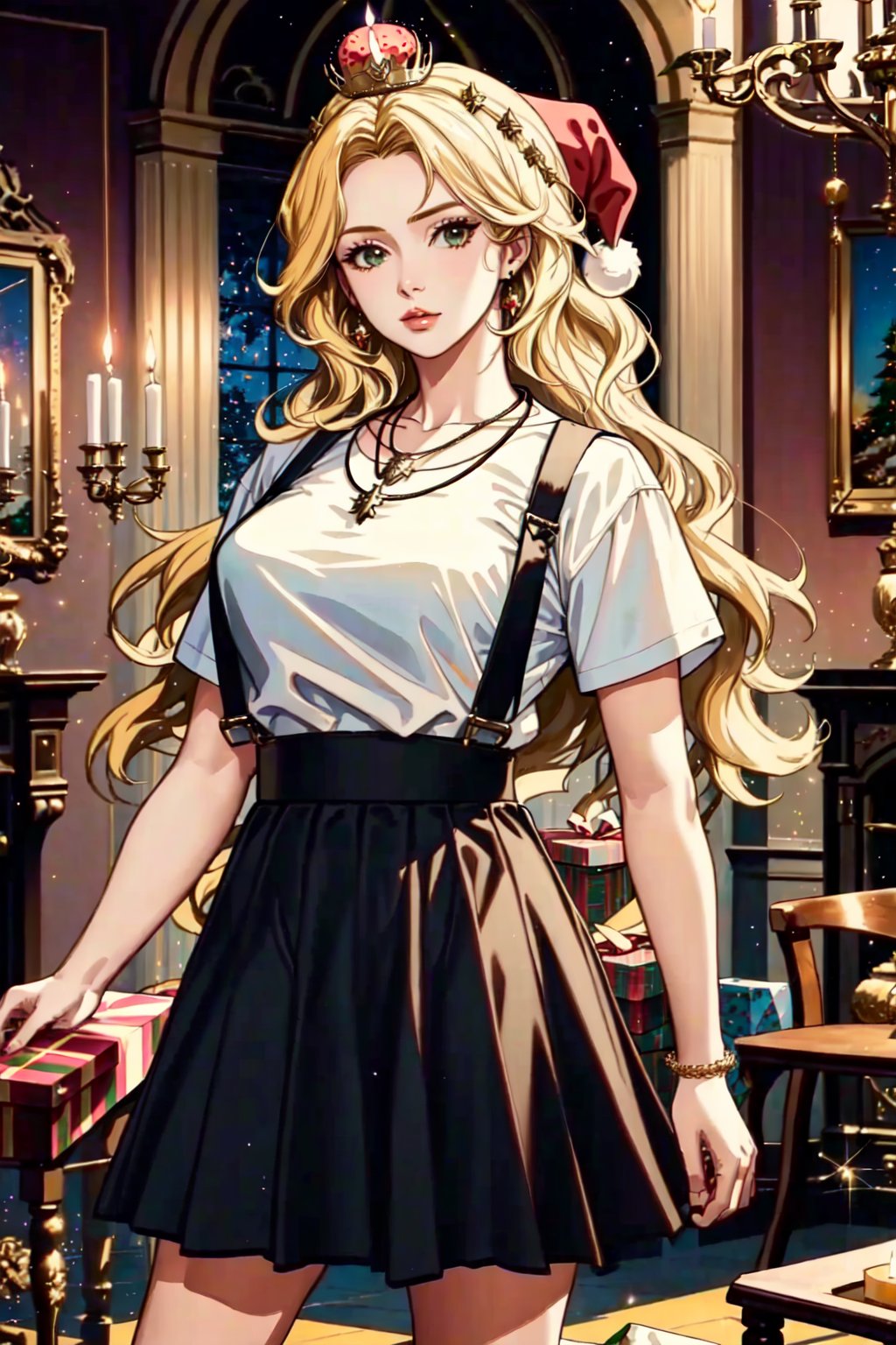 <lora:SantaOverlordsStyle:0.8> Santa Overlords Style, 1girl, solo, long hair, looking at viewer, skirt, blonde hair, shirt, holding, jewelry, standing, white shirt, short sleeves, indoors, black skirt, necklace, table, suspenders, outstretched arms, crown, realistic, suspender skirt, candle