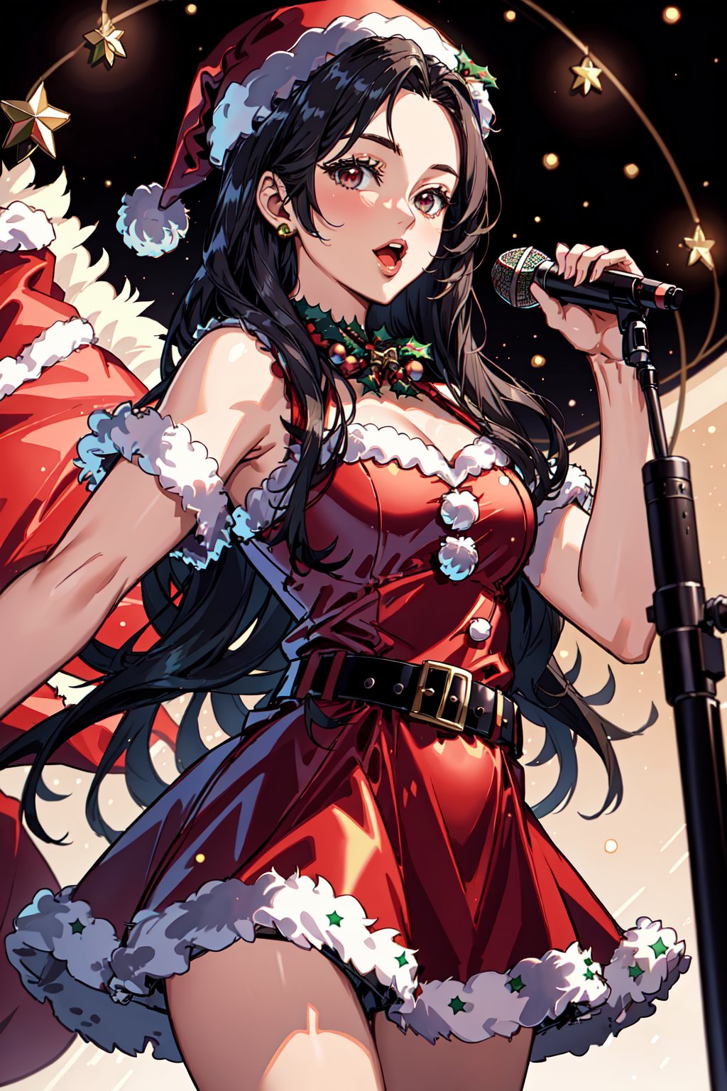 <lora:SantaOverlordsStyle:0.8> Santa Overlords Style, 1girl, solo, long hair, black hair, hat, dress, belt, red dress, christmas, microphone, santa hat, santa costume, realistic