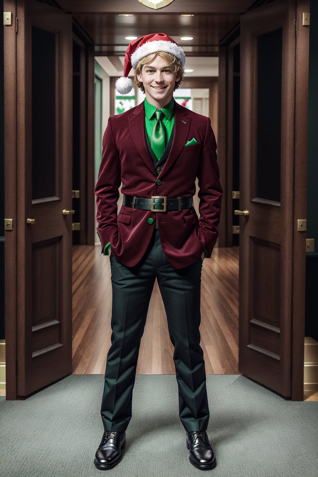 <lora:SantaOverlordsStyle:0.8> Santa Overlords Style, looking at viewer, smile, blonde hair, 1boy, hat, green eyes, standing, male focus, necktie, belt, pants, black footwear, christmas, santa hat, santa costume, hands in pockets, frog, brown pants, realistic