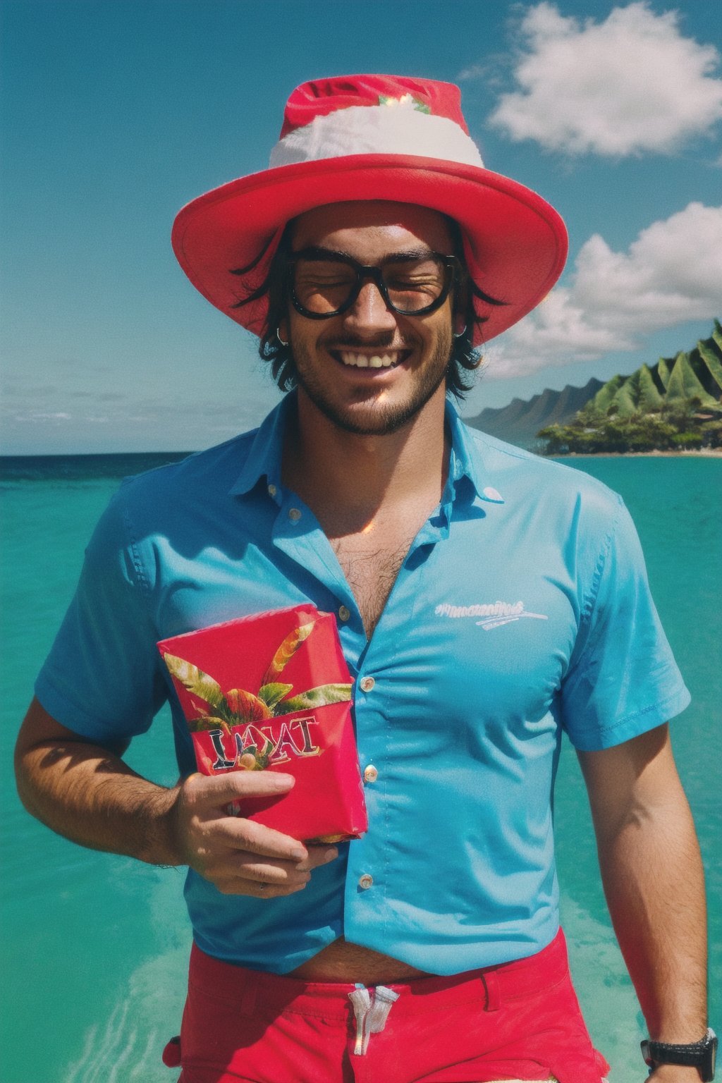 Santa Overlords Style, solo, smile, shirt, 1boy, hat, holding, closed eyes, short sleeves, male focus, glasses, shorts, water, facial hair, blue shirt, red headwear, innertube, afloat, leg hair, hawaiian shirt, <lora:SantaOverlordsStyle:0.8>