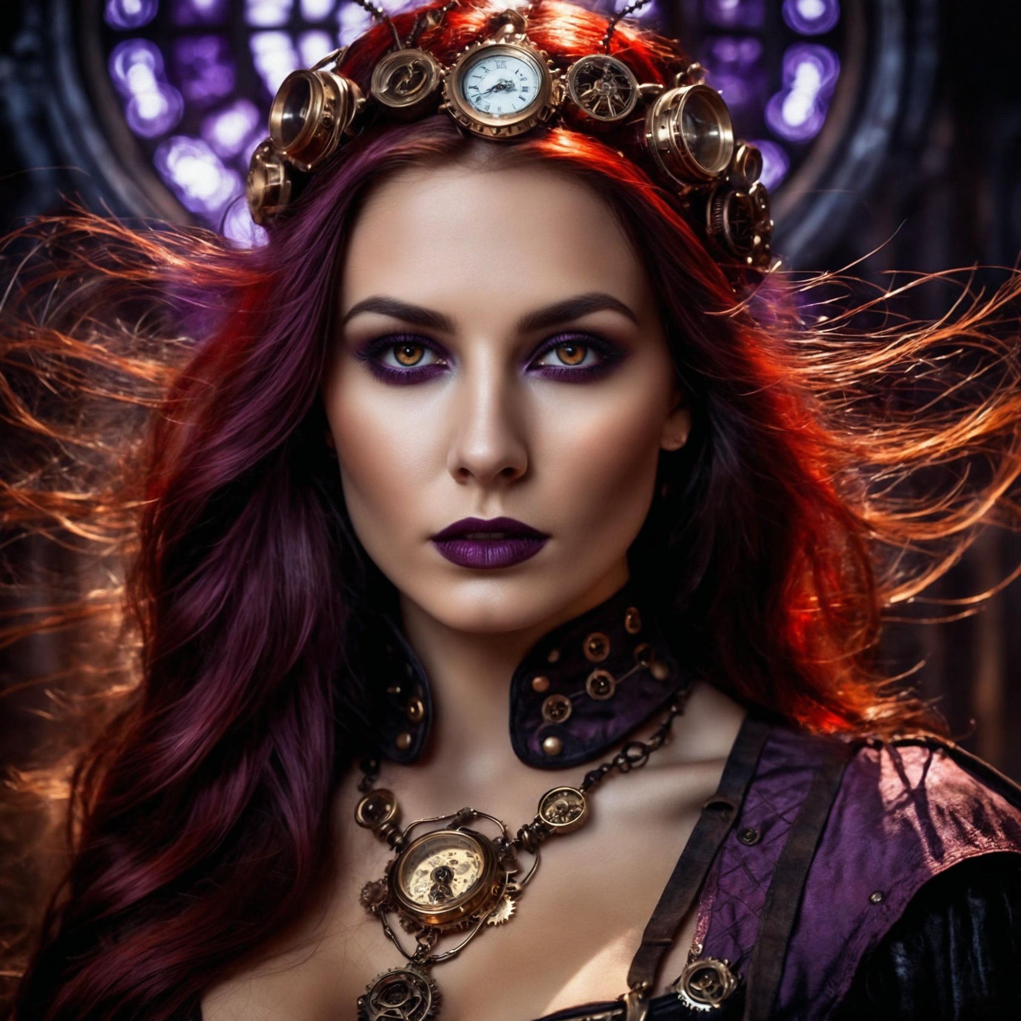 Long exposure photo of woman, steampunk, 20 years old, amazing details, masterpiece , best quality, dark themed background. very dark and scary horror vibes. hyper intricate details. purple, red, white colors. hyperrealistic artwork style. scary horror metal music vibe. godrays, gorgeous, amazing, intricate, highly detailed, digital painting, artstation . Blurred motion, streaks of light, surreal, dreamy, ghosting effect, highly detailed