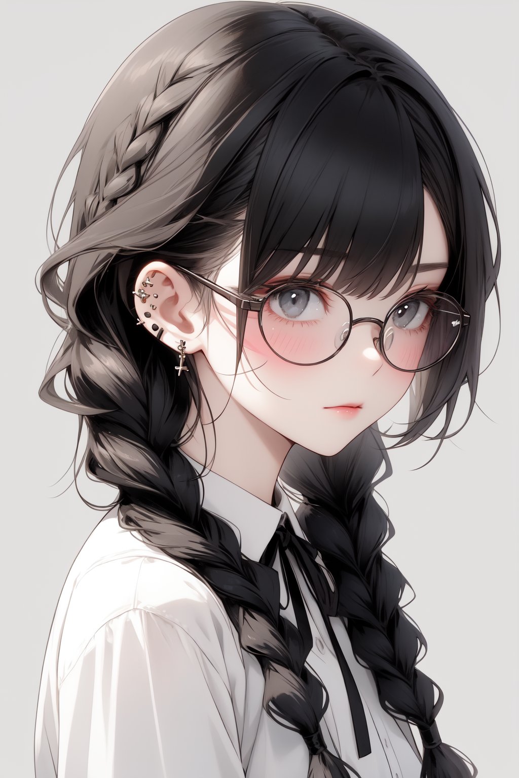 animeniji, simple background, twintails, black-framed eyewear, looking at viewer, dress, grey eyes, black hair, piercing, white shirt, 1girl, long hair, black dress, solo, ribbon, shirt, neck ribbon, black ribbon, braid, white background, ear piercing, glasses, closed mouth, frills, upper body, round eyewear, twin braids,beautyniji