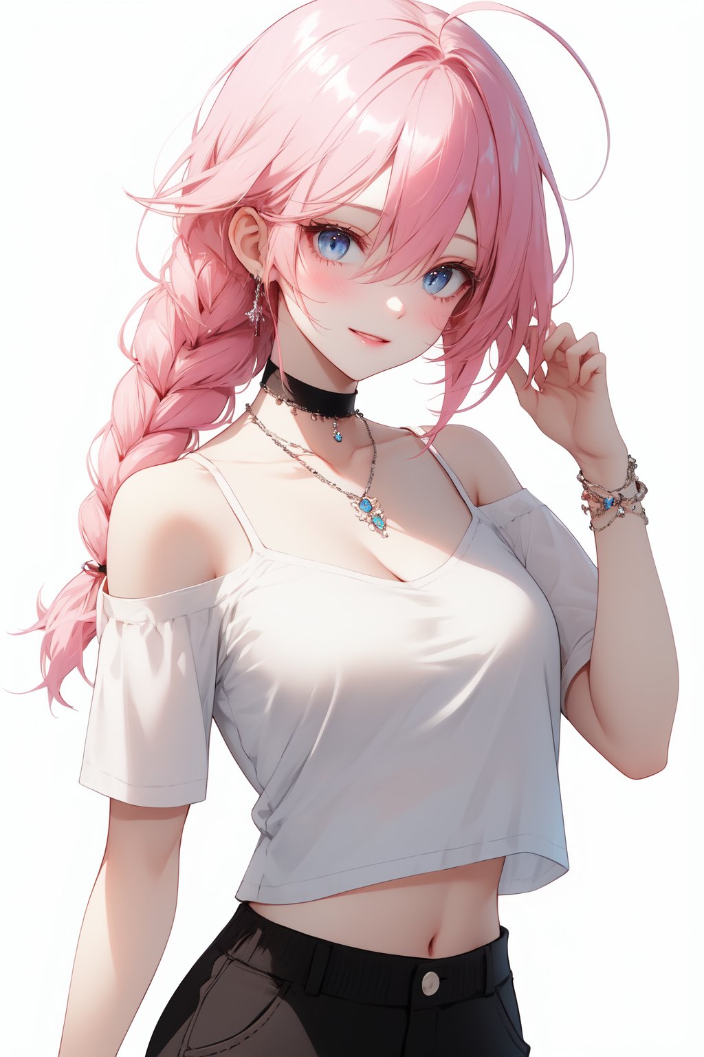 animeniji, simple background, hair between eyes, looking at viewer, single braid, choker, parted lips, white shirt, 1girl, long hair, solo, smile, off shoulder, ahoge, shirt, hair over shoulder, off-shoulder shirt, pants, pink hair, hand up, short sleeves, medium breasts, braid, white background, navel, midriff, black pants, collarbone, necklace, blue eyes, jewelry, bare shoulders, black choker, crop top, cleavage