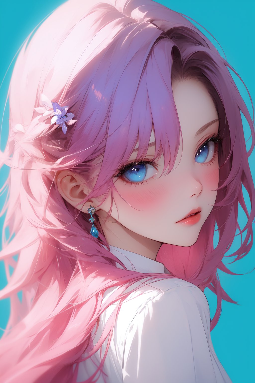 animeniji, upper body, parted lips, portrait, looking back, 1girl, long hair, blue background, solo, blue eyes, looking at viewer, lips, blue hair, eyelashes, pink hair, blush