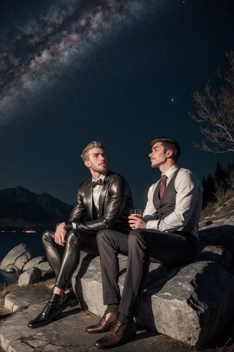 Handsome Men , Sitting on a rock and looking at the stars