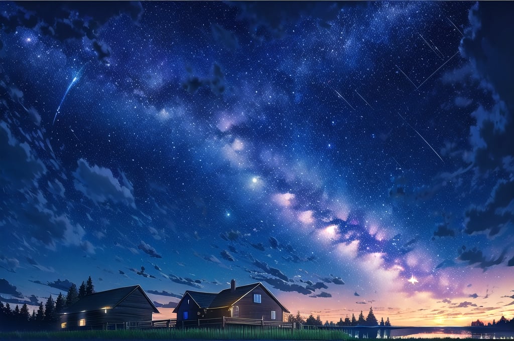  starry sky,meteor,milky way,cottage,8K,best quality,village