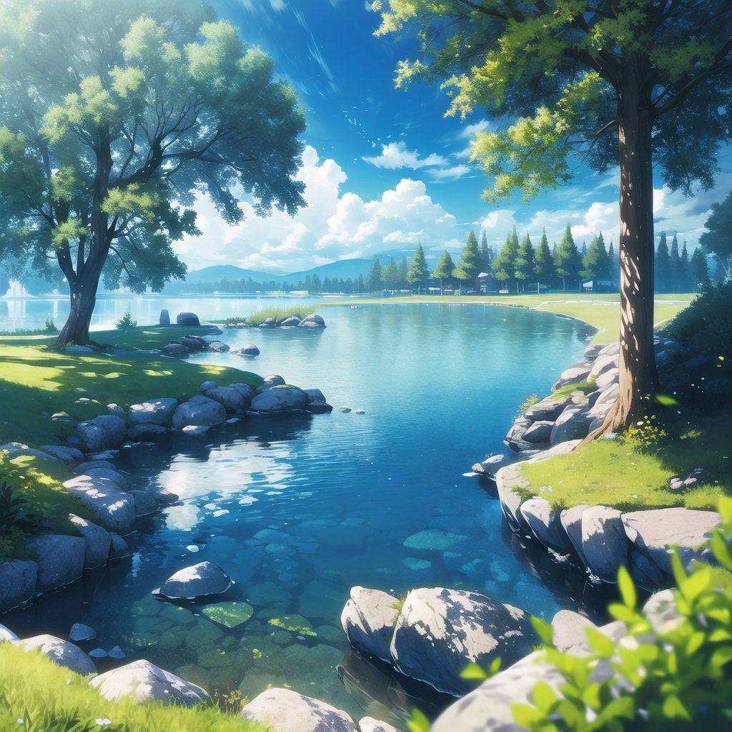 8K,best quality,summer,trees,lake,stones,cloud,wind,grass,sunlight