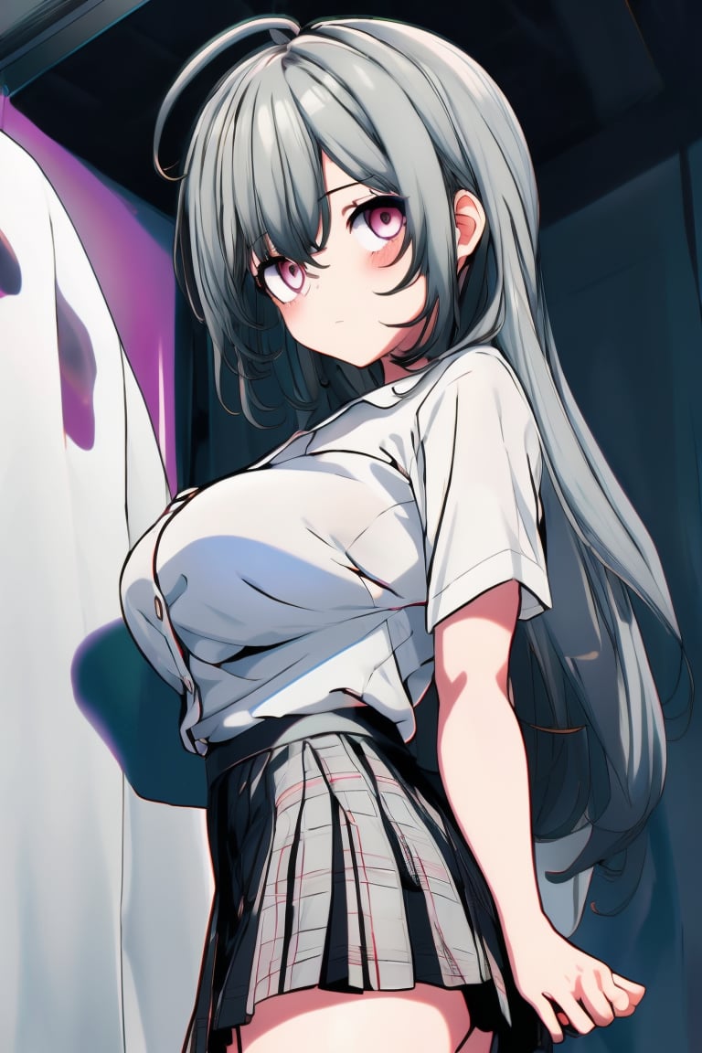 "1 girl, Anime-inspired scenes, adorable girls, attractive high school girls, (kawaii style), playful chases, whimsical artwork, (seductive expressions), bright colors, upskirts, light grey hair, light green hair, (((dark circles under the eyes))), purple eye, ahoge, Stinking eyes, long hair, BIG BREASTS, black blazer, white blouse, plaid pleated skirt.''
BREAK, masterpiece, highest quality, cute illustrations, 1girl,perfect,hand,fingers,masterpiece,best quality, nsfw,Prison,1 girl,midjourney