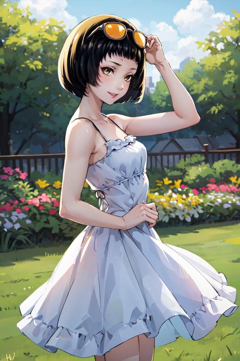 masterpiece, best quality, absurdres, 1girl, solo, OhyaIchiko, short hair, bob cut, eyewear on head, from behind, (yellow sundress), garden, day, sunshine, smile, looking back, <lora:OhyaIchiko:1>