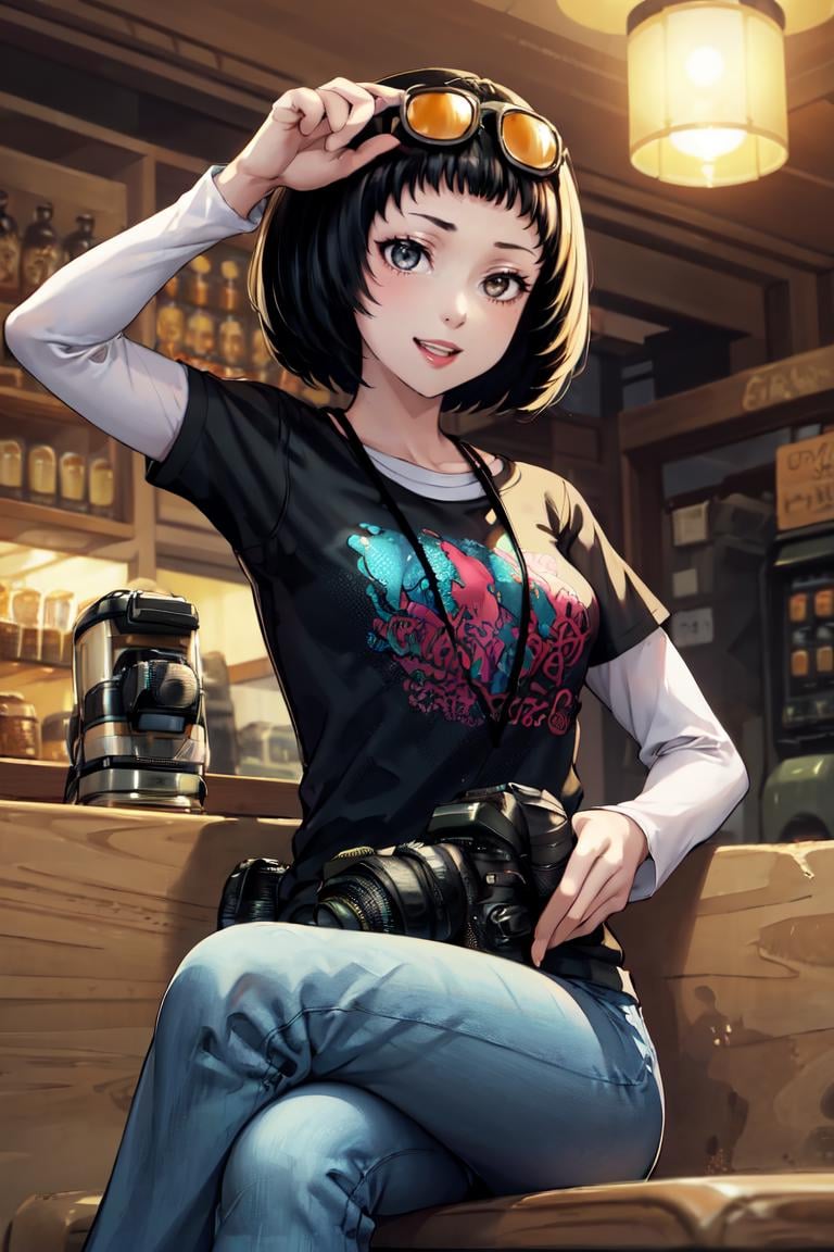 masterpiece, best quality, absurdres, 1girl, solo, OhyaIchiko, short hair, bob cut, eyewear on head, black t-shirt, layered sleeves, jeans, camera, smile, sitting, indoors, coffee shop, <lora:OhyaIchiko:1>