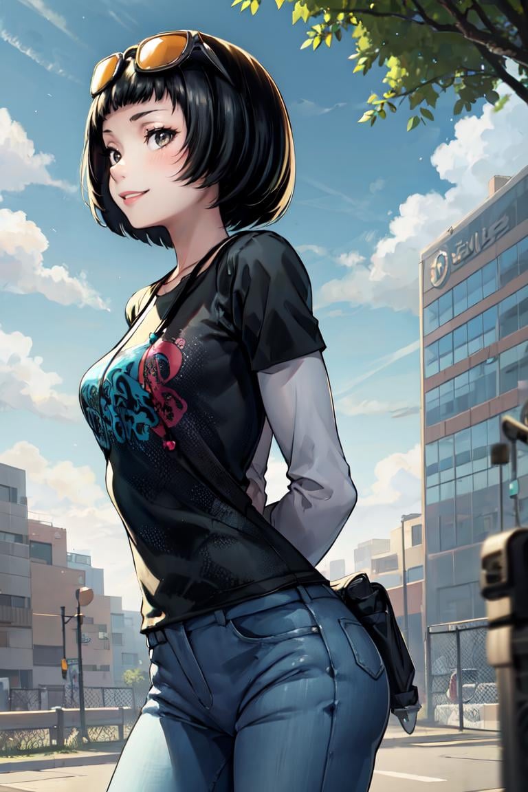 masterpiece, best quality, absurdres, 1girl, solo, OhyaIchiko, short hair, bob cut, eyewear on head, black t-shirt, layered sleeves, jeans, arms behind back, outdoors, park scene, smile, <lora:OhyaIchiko:1>