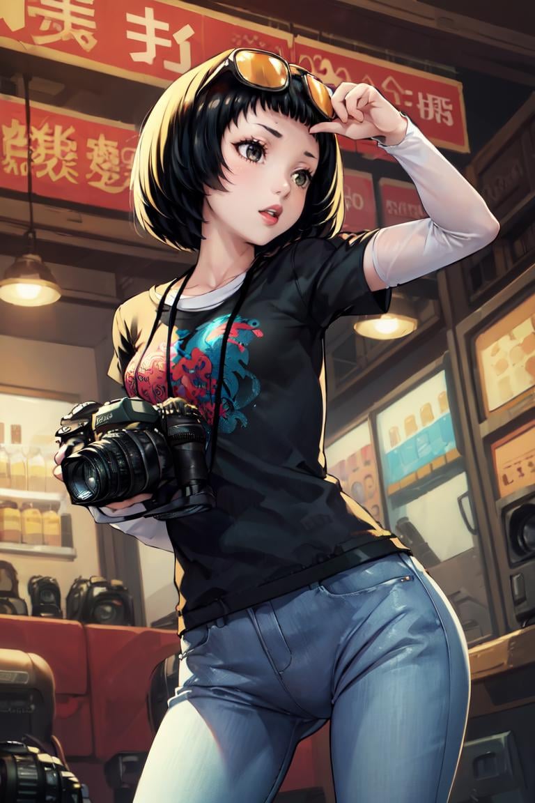 masterpiece, best quality, absurdres, 1girl, solo, OhyaIchiko, short hair, bob cut, eyewear on head, black t-shirt, layered sleeves, jeans, camera, <lora:OhyaIchiko:1>