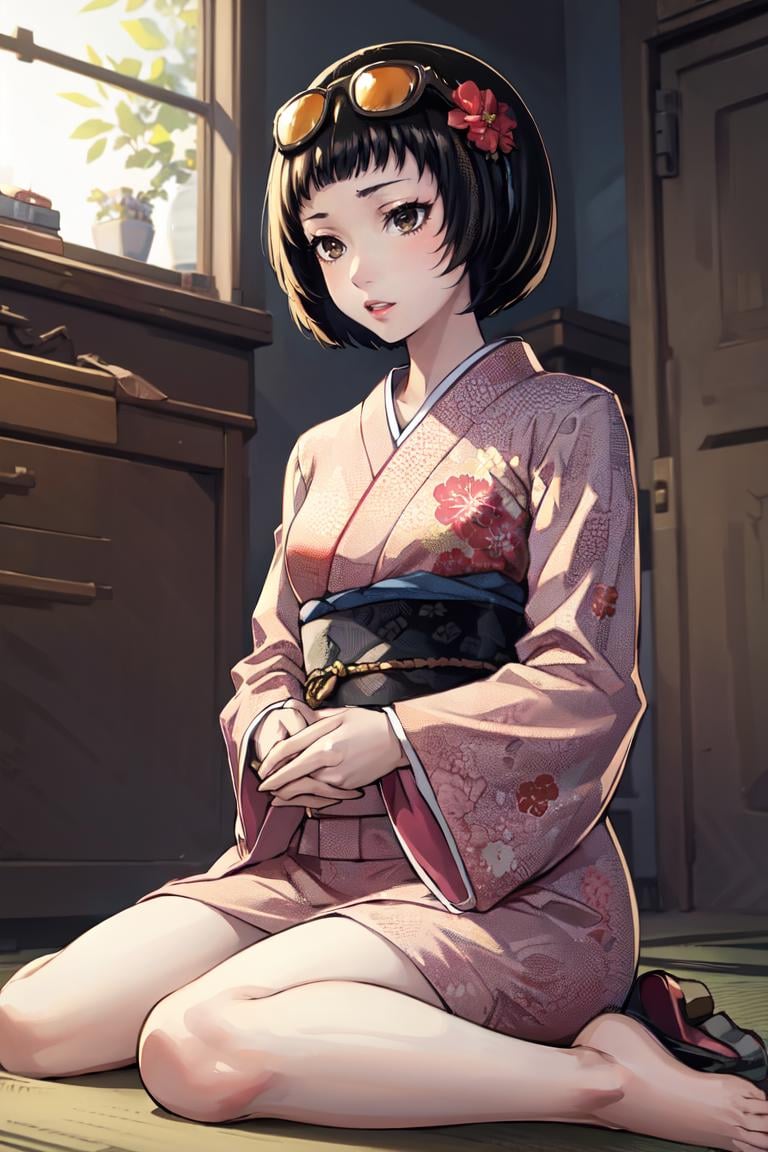 masterpiece, best quality, absurdres, 1girl, solo, OhyaIchiko, short hair, bob cut, eyewear on head, indoors, kimono, hair flower, floral print, wariza, sitting, hands on own knees, <lora:OhyaIchiko:1>