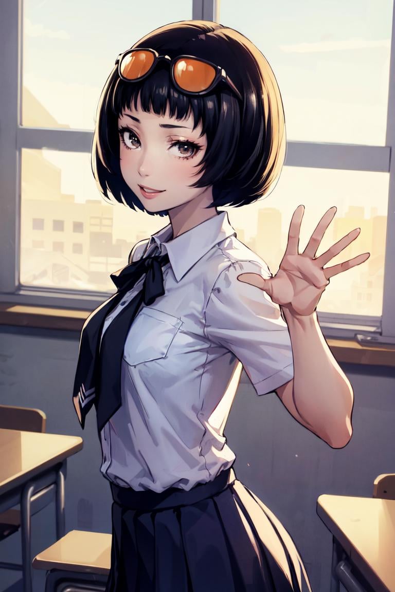 masterpiece, best quality, absurdres, 1girl, solo, OhyaIchiko, short hair, bob cut, eyewear on head, classroom, window, school uniform, dress shirt, pleated skirt, waving at viewer, smile, <lora:OhyaIchiko:0.8>