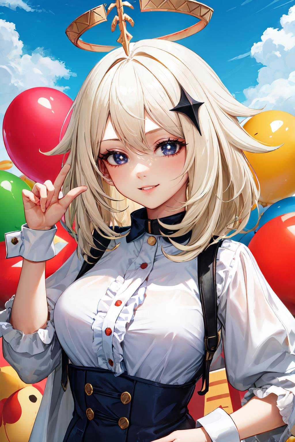 paimon gi,1girl,solo, halo, aged up,parted lips, smile, happy,Ruffled button-down blouse with a stand collar and balloon cuffs, upper body , outdoors<lora:paimon:0.8>  