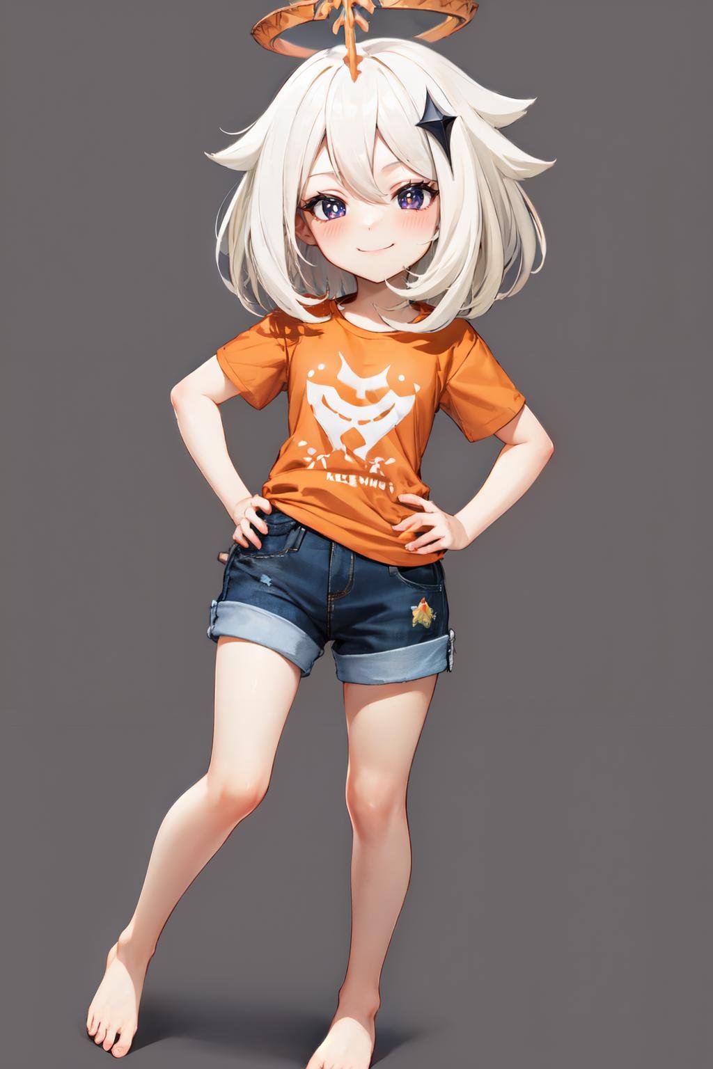 paimon gi, simple background, blush, orange shirt,barefoot, looking at viewer, halo, full body, hands on hips, smile, t-shirt, solo, short sleeves, 1girl, closed mouth<lora:paimon:1> 
