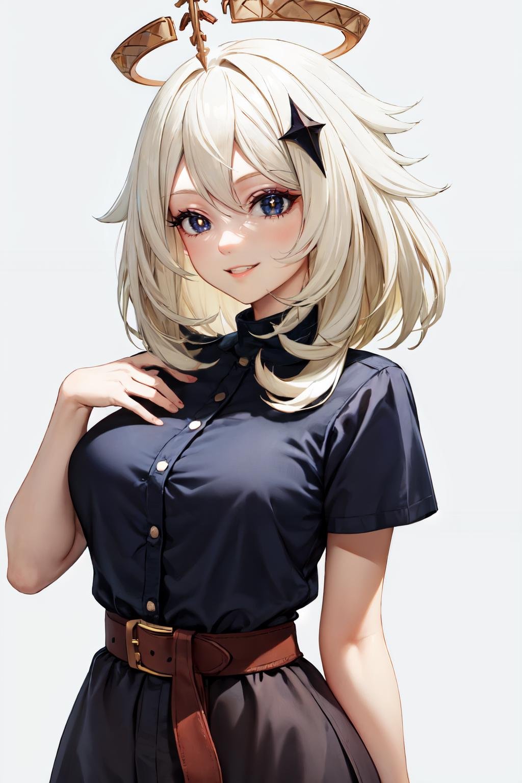 paimon gi, simple background, halo, aged up,parted lips, smile, happy,casual and comfortable shirt dress with a button-up front and a belted waist,, upper body <lora:paimon:1>  