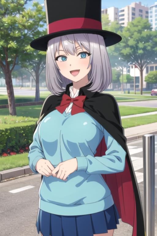 (((pixel-perfect, detail-perfect))), solo, 1girl,  <lora:sempai-tejinasempai:0.8>, sempai, school uniform, blue sweater, tophat, cape, looking at viewer, smile, :d