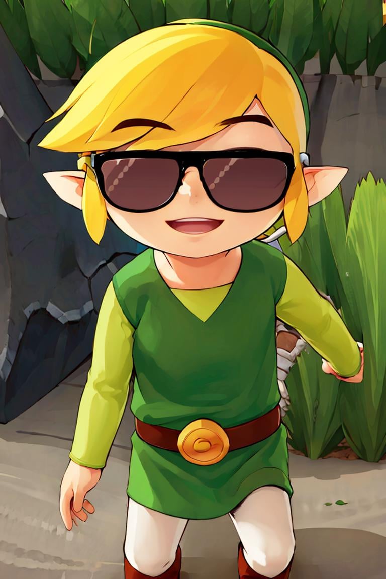 <lora:ricegnat_style:0.8>,((masterpiece,best quality)),  <lora:Toon_Link_Zelda:0.9>, Toon_Link_Zelda, sunglasses, meme, solo, 1boy, green tunic, belt,  solo, smiling, standing, looking at viewer,