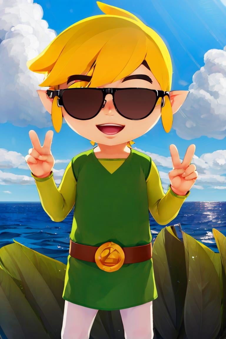 <lora:ricegnat_style:0.8>,((masterpiece,best quality)),  <lora:Toon_Link_Zelda:0.9>, Toon_Link_Zelda, black sunglasses, meme, solo, 1boy, green tunic, belt,  solo, smiling, standing, looking at viewer,  <lora:loraPeaceSign_v03:1>, peace sign, smug, teeth, ocean in background, 