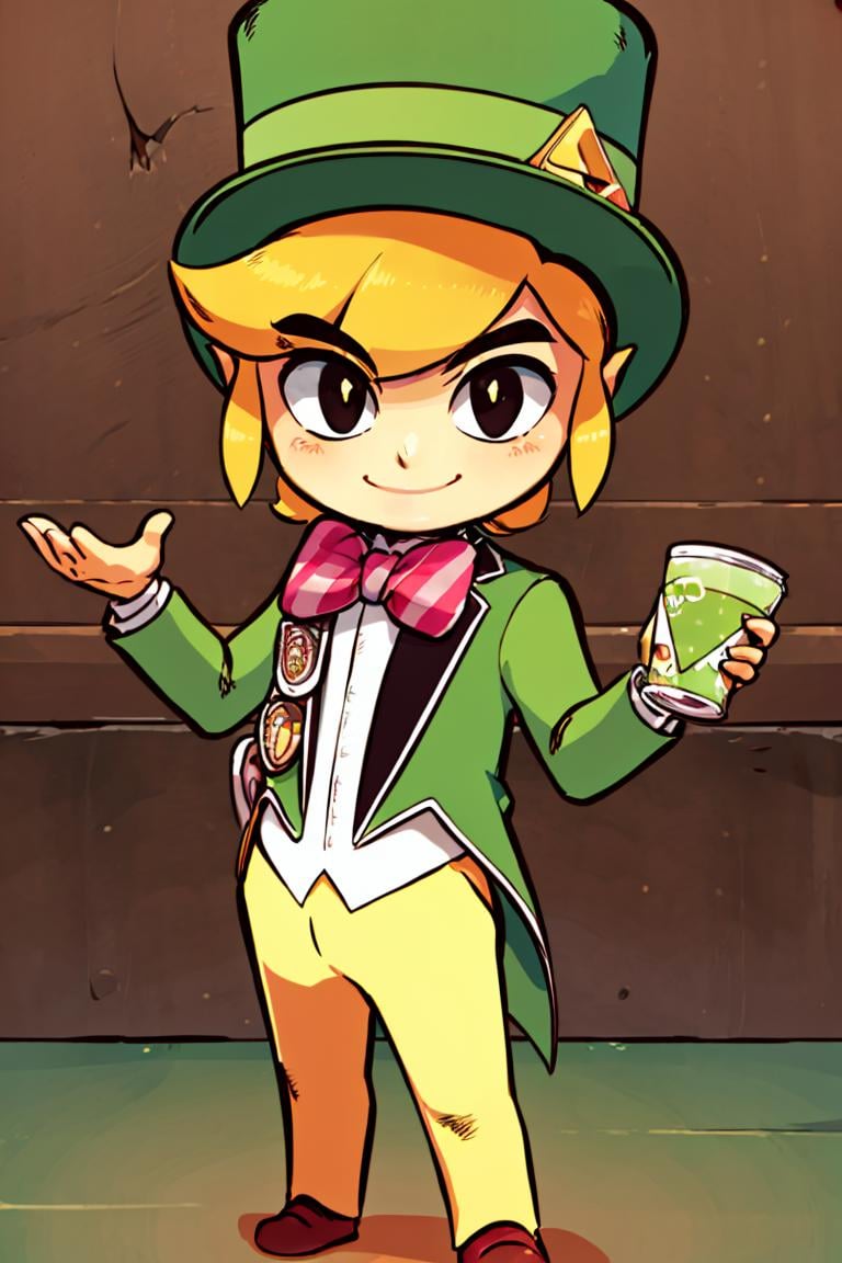<lora:Diives_Style:0.8>,((masterpiece,best quality)),  <lora:Toon_Link_Zelda:0.9>, Toon_Link_Zelda, black eyes, solo, 1boy, green top hat, bowtie, green formal clothes, solo, smiling, standing, looking at viewer,